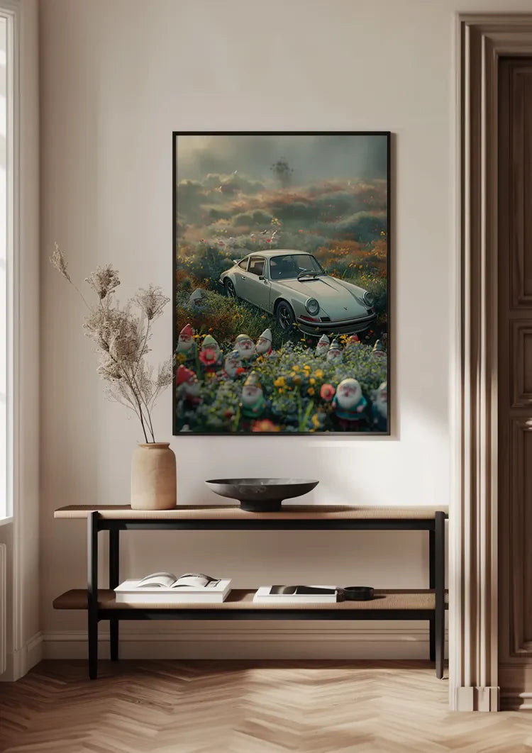 White Porsche 911 Flower Meadow Gnomes Dreamy Mist Painting