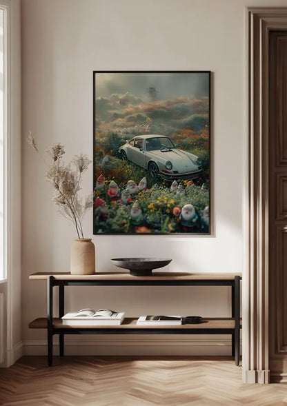 White Porsche 911 Flower Meadow Gnomes Dreamy Mist Painting