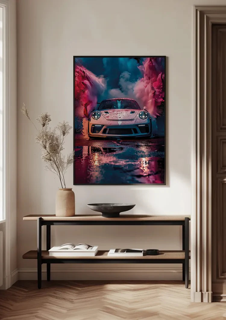 White Porsche GT3 RS Colorful Pink Blue Smoke Clouds Surreal Painting