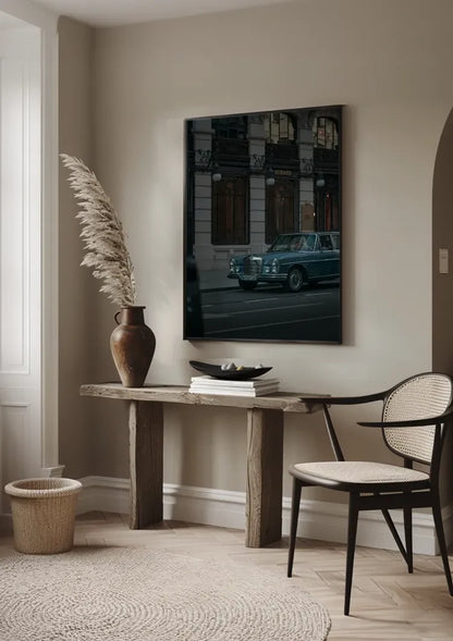Vintage Blue Mercedes City Street Twilight Nostalgic Retro Car Painting