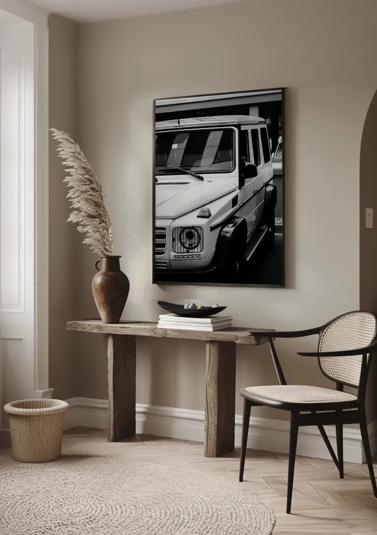 White Mercedes G Class Black and White Close Up Front Painting
