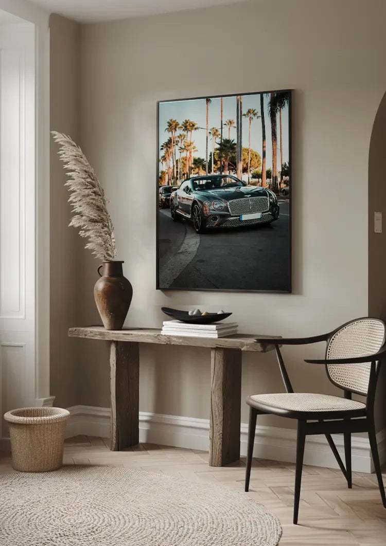 Grauer Bentley Cabrio Palmen Straße Sonnenuntergang Gemälde
