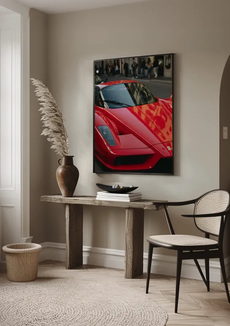 Roter Ferrari Enzo Nahaufnahme Stadtstraße Supersportwagen Gemälde