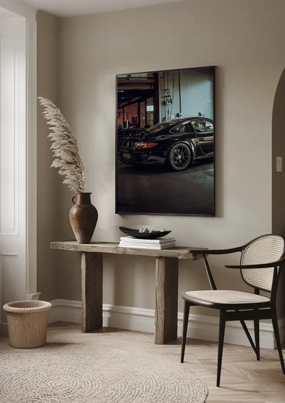 Schwarzer Porsche GT3 Industrielle Garage Dunkle Atmosphäre Gemälde