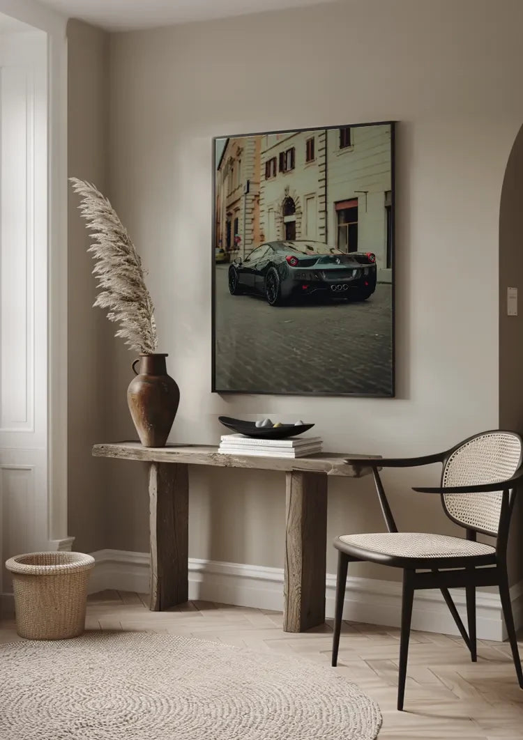 Schwarzer Ferrari 458 Alte Europäische Stadtstraße Kopfsteinpflaster Gemälde