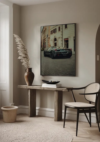Schwarzer Ferrari 458 Alte Europäische Stadtstraße Kopfsteinpflaster Gemälde