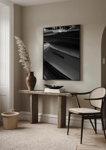 Porsche Carrera Embleem Close Up Zwart Wit Achterkant Schilderij