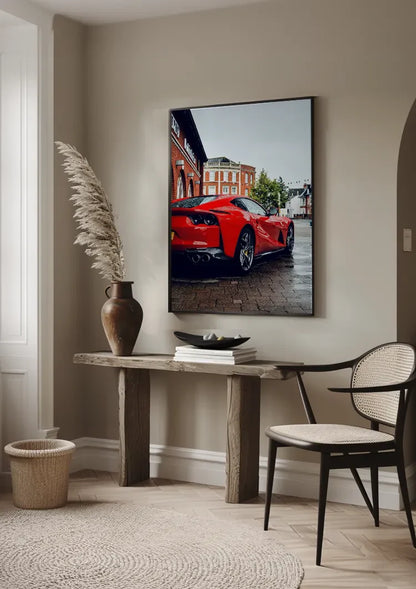 Roter Ferrari 812 Superfast Nasse Straße Rückansicht Straßenfotografie Gemälde