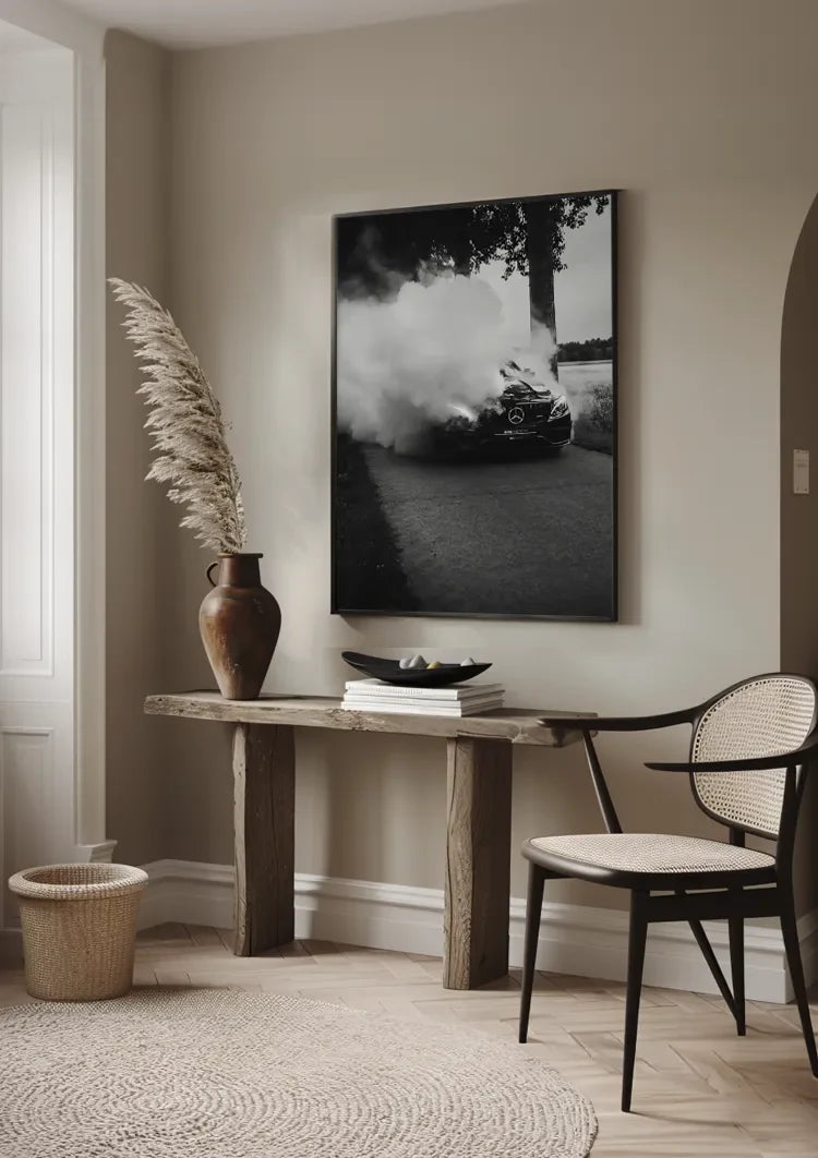 Mercedes AMG Burnout Dikke Rook Zwart Wit Dramatisch Straatfotografie Schilderij