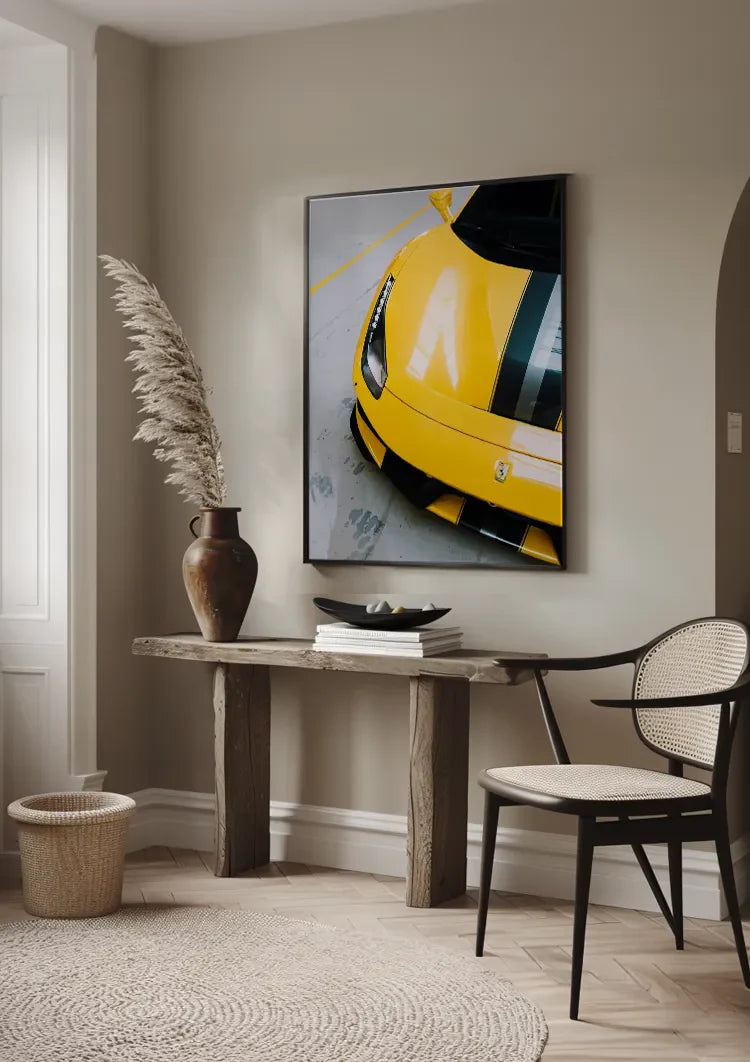 Gelber Ferrari 488 Pista Draufsicht Sportwagen Gemälde