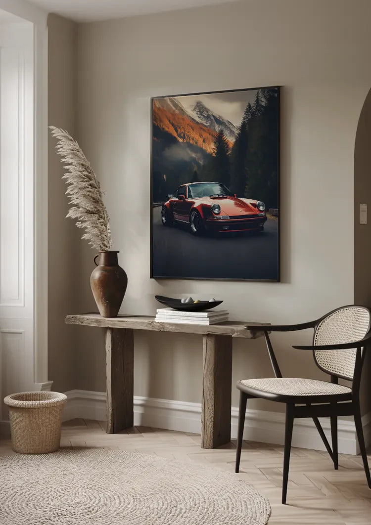 Rode Porsche 911 Turbo Berglandschap Herfsttinten Schilderij