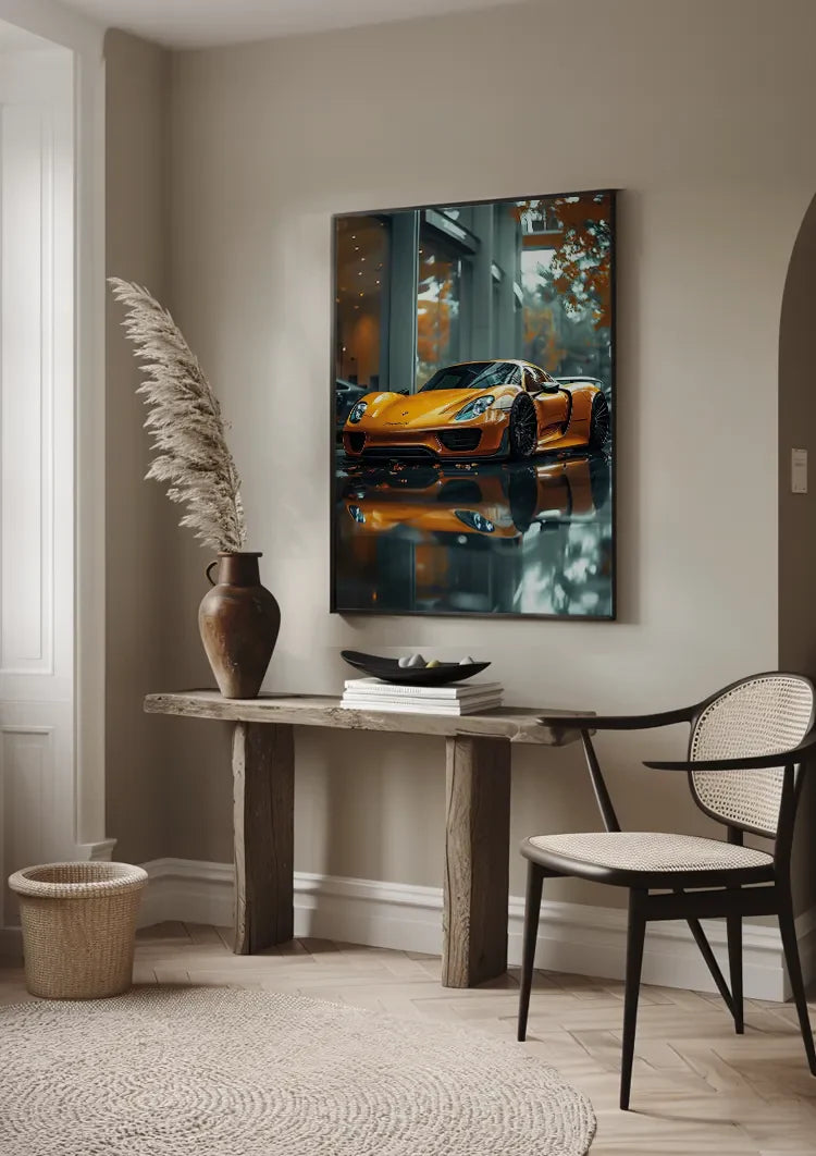 Orange Porsche 918 Spyder Showroom Glossy Floor Painting