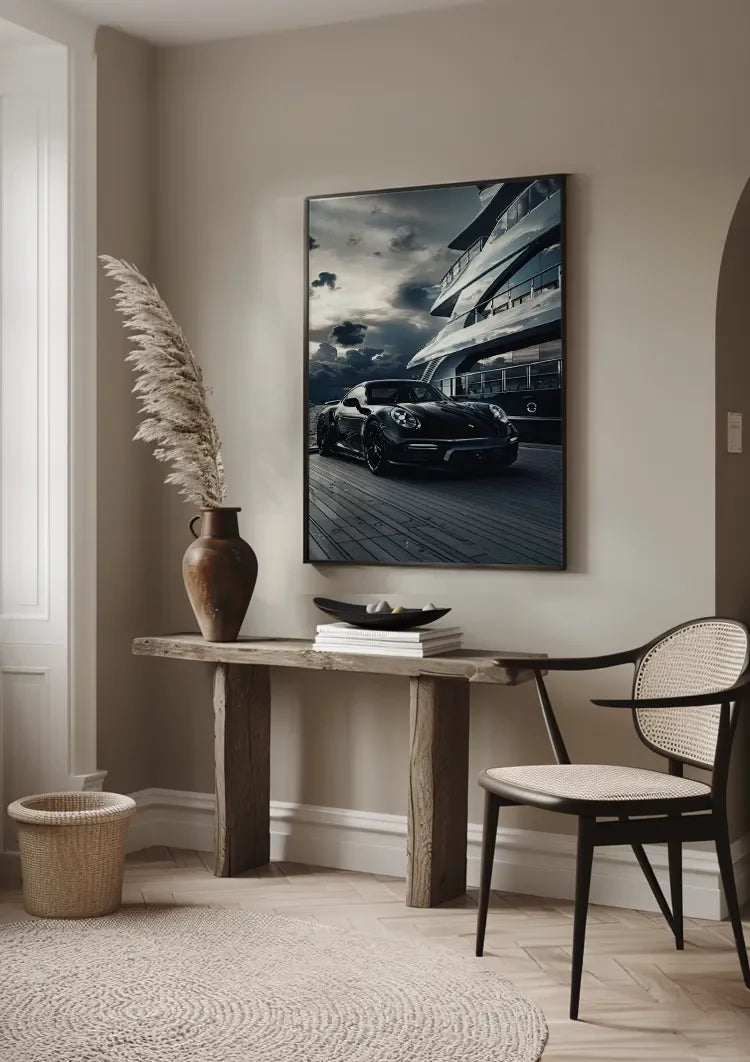 Black Porsche 911 at Yacht Luxury Harbor Dramatic Sky Painting