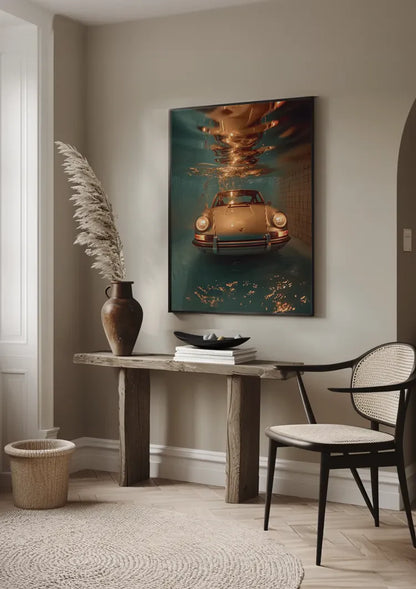 Klassieke Porsche Onder Water Turquoise Zwembad Surrealistisch Schilderij