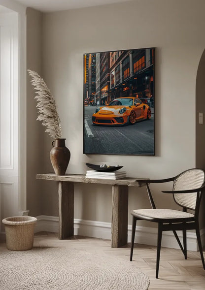 Oranger Porsche GT3 RS Städtische Nacht Stadtstraße Abend Gemälde