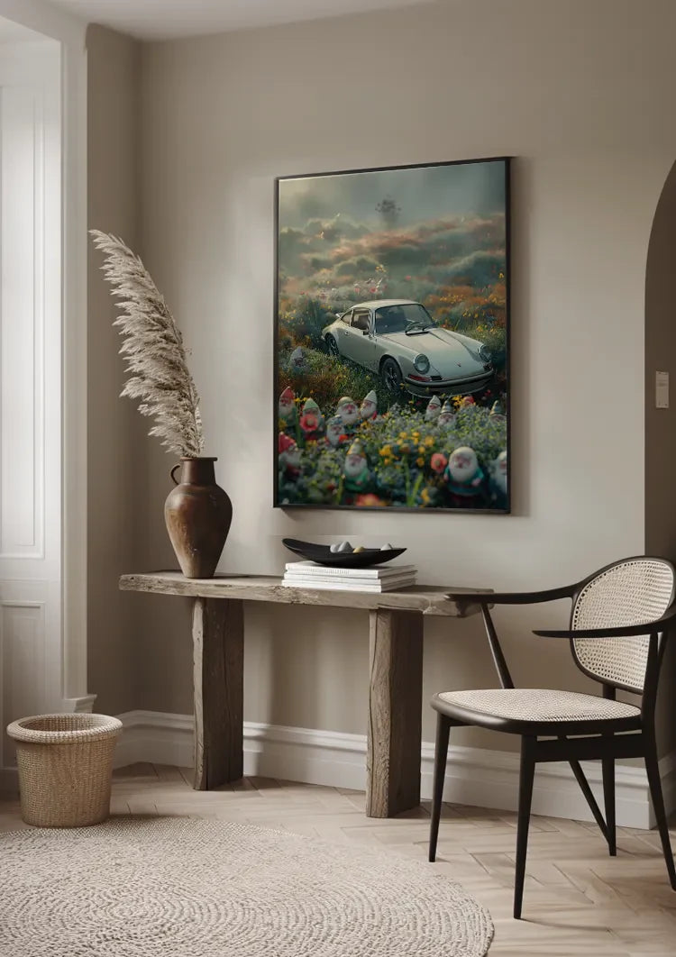 White Porsche 911 Flower Meadow Gnomes Dreamy Mist Painting