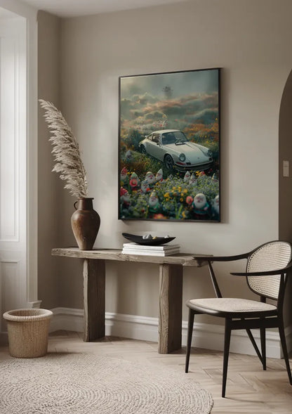 White Porsche 911 Flower Meadow Gnomes Dreamy Mist Painting