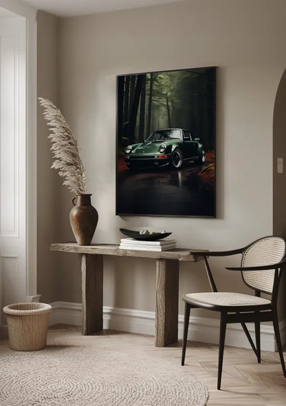 Dunkelgrüner Porsche 911 Mystischer Wald Nacht Kinematische Atmosphäre Kunst Gemälde