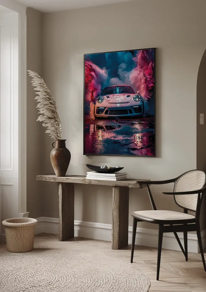 White Porsche GT3 RS Colorful Pink Blue Smoke Clouds Surreal Painting