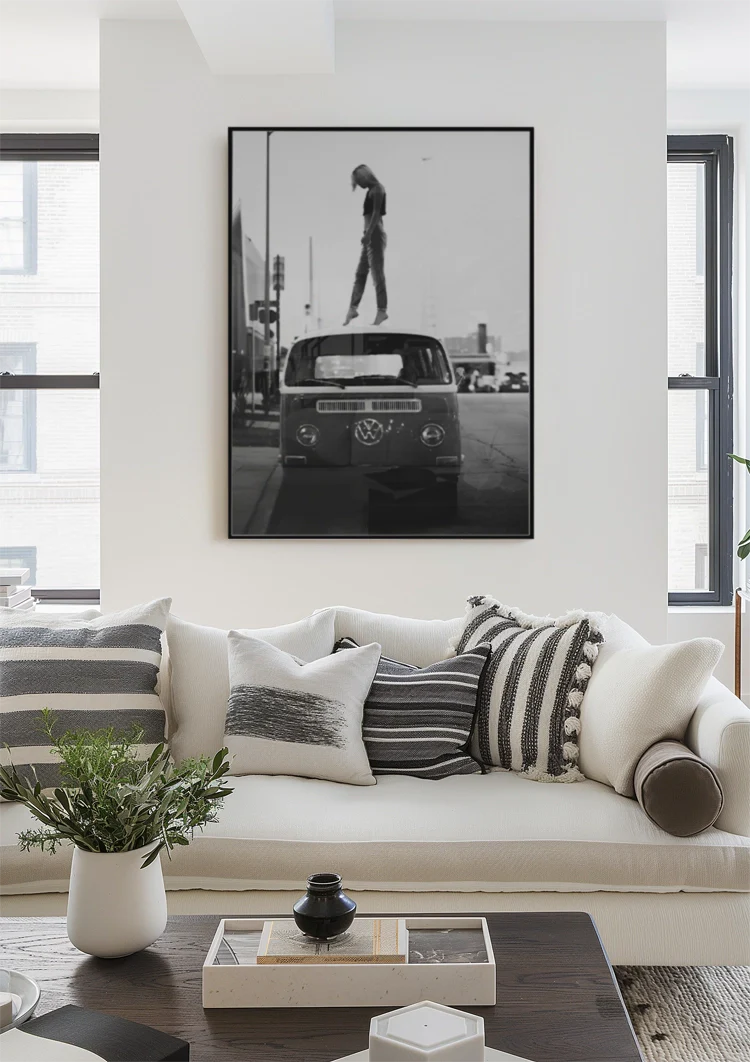 Black White VW Bus Person On Roof City Street Painting