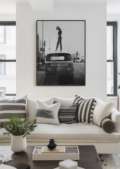 Black White VW Bus Person On Roof City Street Painting