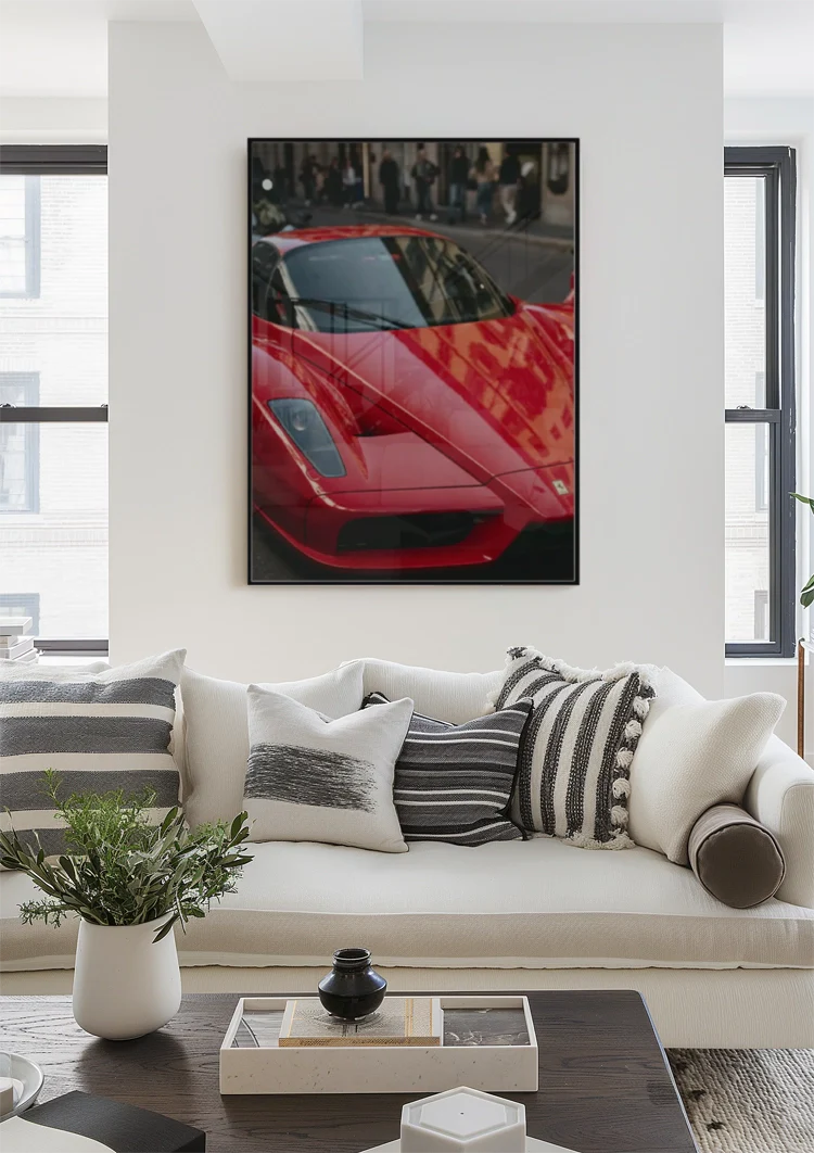 Roter Ferrari Enzo Nahaufnahme Stadtstraße Supersportwagen Gemälde
