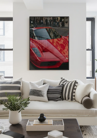 Roter Ferrari Enzo Nahaufnahme Stadtstraße Supersportwagen Gemälde