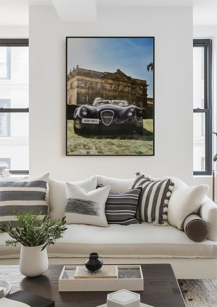 Lila Oldtimer MF4 Sportwagen Landhaus Herrenhaus Blauer Himmel Gemälde