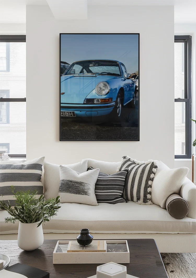 Vintage Hellblauer Porsche 911 Klassisch Sonnenschein Blauer Himmel Gemälde