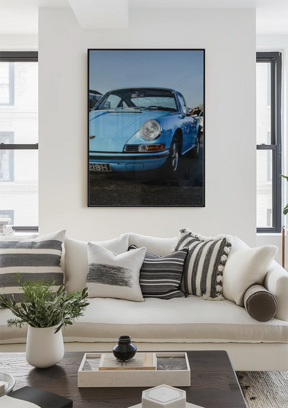 Vintage Hellblauer Porsche 911 Klassisch Sonnenschein Blauer Himmel Gemälde