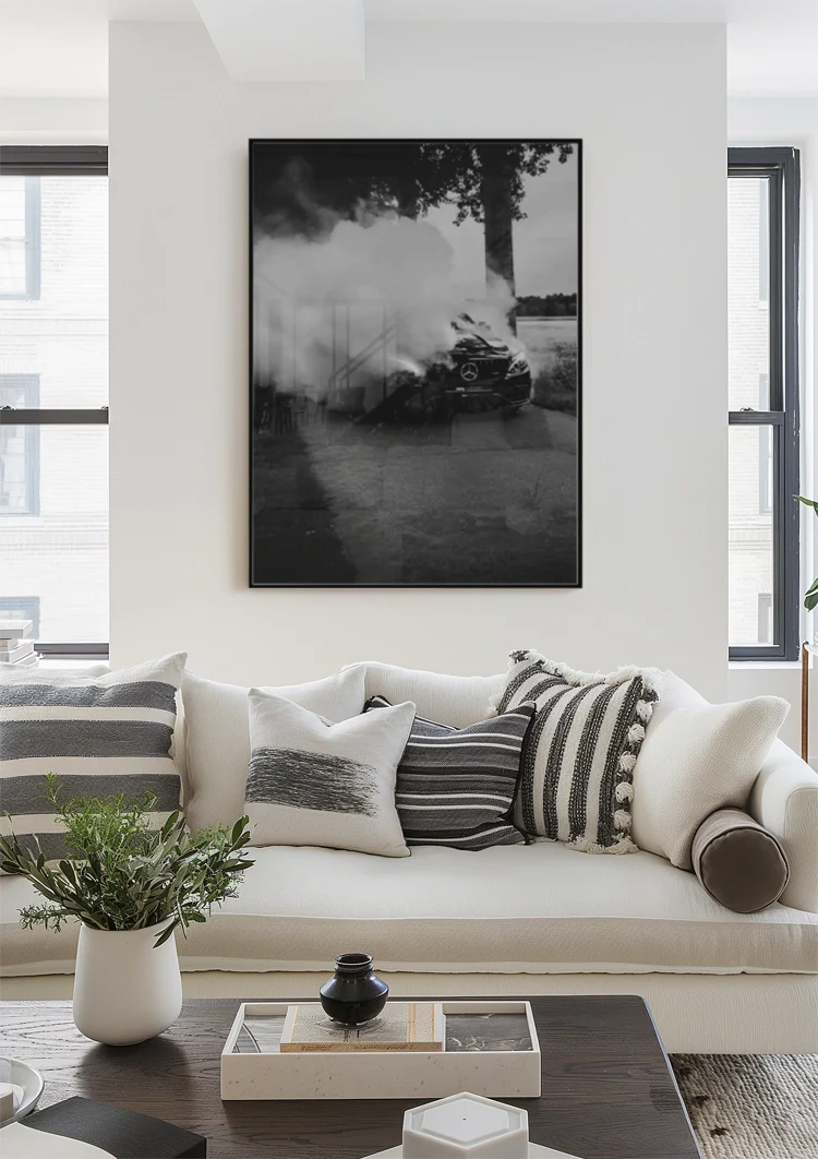 Mercedes AMG Burnout Dikke Rook Zwart Wit Dramatisch Straatfotografie Schilderij