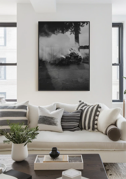 Mercedes AMG Burnout Dikke Rook Zwart Wit Dramatisch Straatfotografie Schilderij