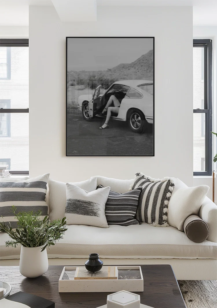 Woman In Vintage Porsche 911 Open Door Desert Landscape Black White Painting