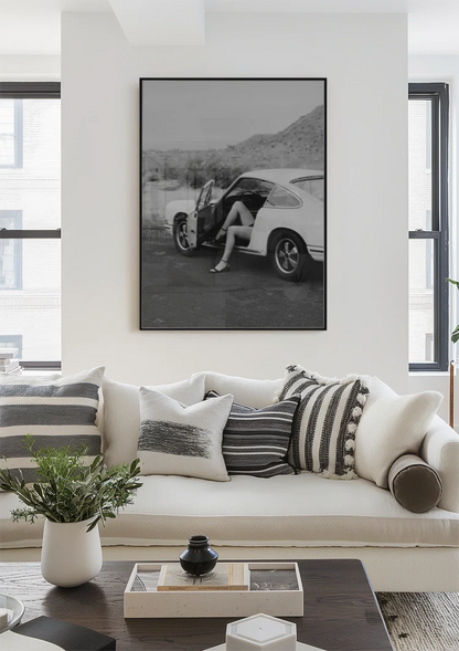 Woman In Vintage Porsche 911 Open Door Desert Landscape Black White Painting