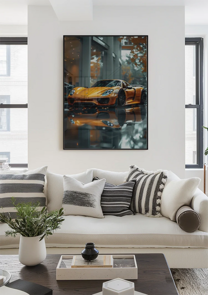 Orange Porsche 918 Spyder Showroom Glossy Floor Painting