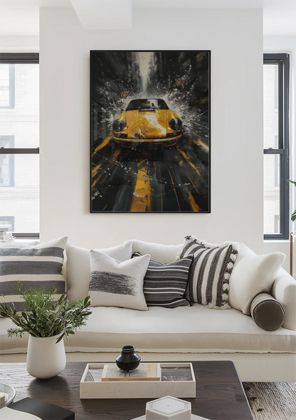 Gele Porsche Sportwagen Waterplons Stedelijke Straat Dynamisch Schilderij