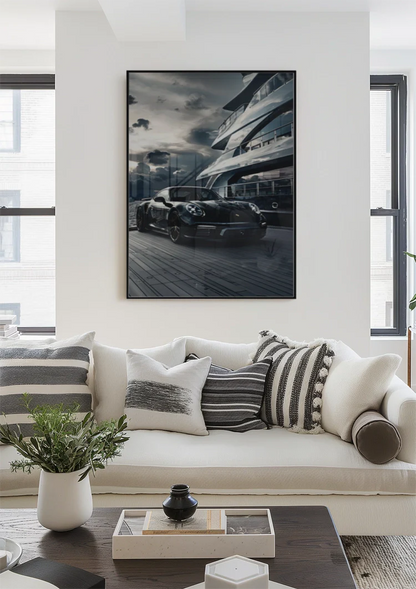 Black Porsche 911 at Yacht Luxury Harbor Dramatic Sky Painting