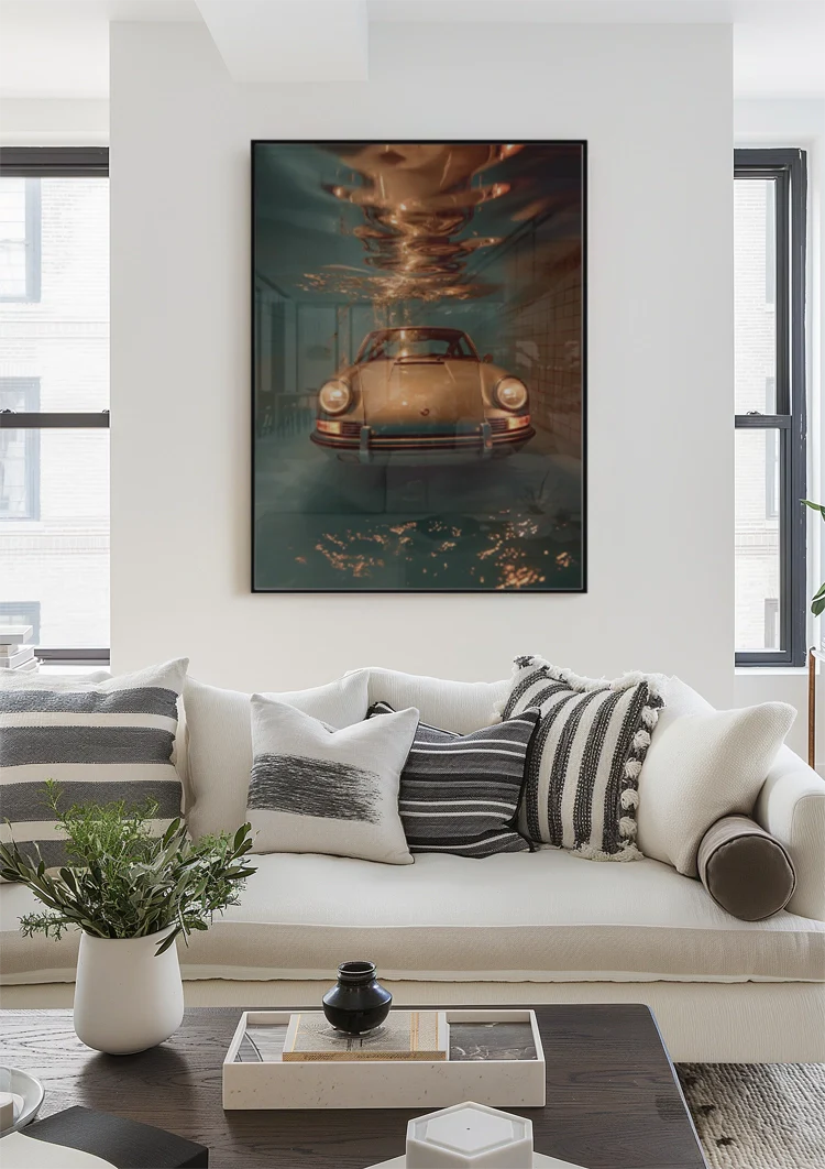 Klassieke Porsche Onder Water Turquoise Zwembad Surrealistisch Schilderij