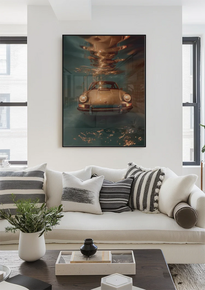 Klassieke Porsche Onder Water Turquoise Zwembad Surrealistisch Schilderij