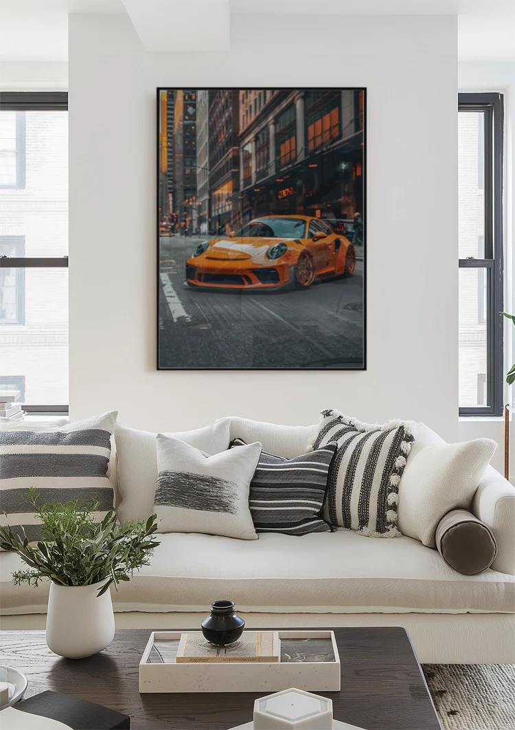 Oranger Porsche GT3 RS Städtische Nacht Stadtstraße Abend Gemälde