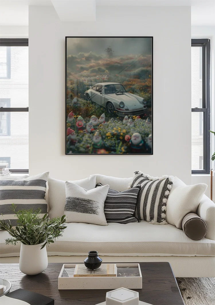 Vintage Porsche Blumenfeld Wichtel Neblig Verträumt Farbenfroh Kunst Gemälde