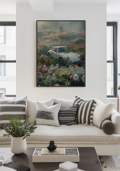Vintage Porsche Blumenfeld Wichtel Neblig Verträumt Farbenfroh Kunst Gemälde