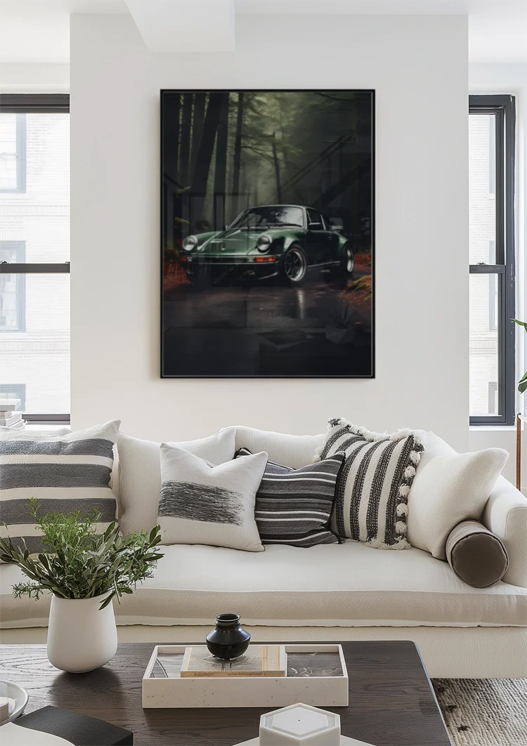 Dunkelgrüner Porsche 911 Mystischer Wald Nacht Kinematische Atmosphäre Kunst Gemälde