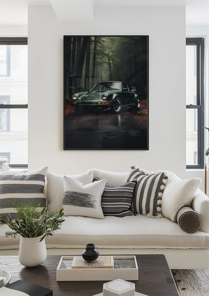 Dunkelgrüner Porsche 911 Mystischer Wald Nacht Kinematische Atmosphäre Kunst Gemälde