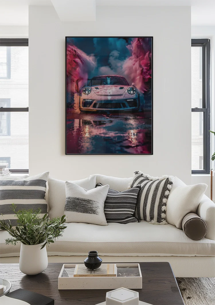 White Porsche GT3 RS Colorful Pink Blue Smoke Clouds Surreal Painting