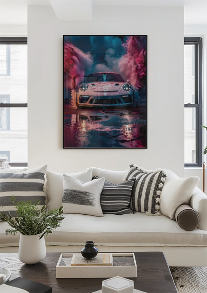 White Porsche GT3 RS Colorful Pink Blue Smoke Clouds Surreal Painting