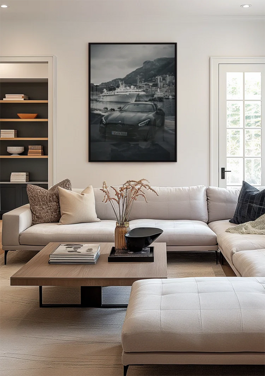 Zwarte sportwagen canvas schilderij aan de muur in de hal