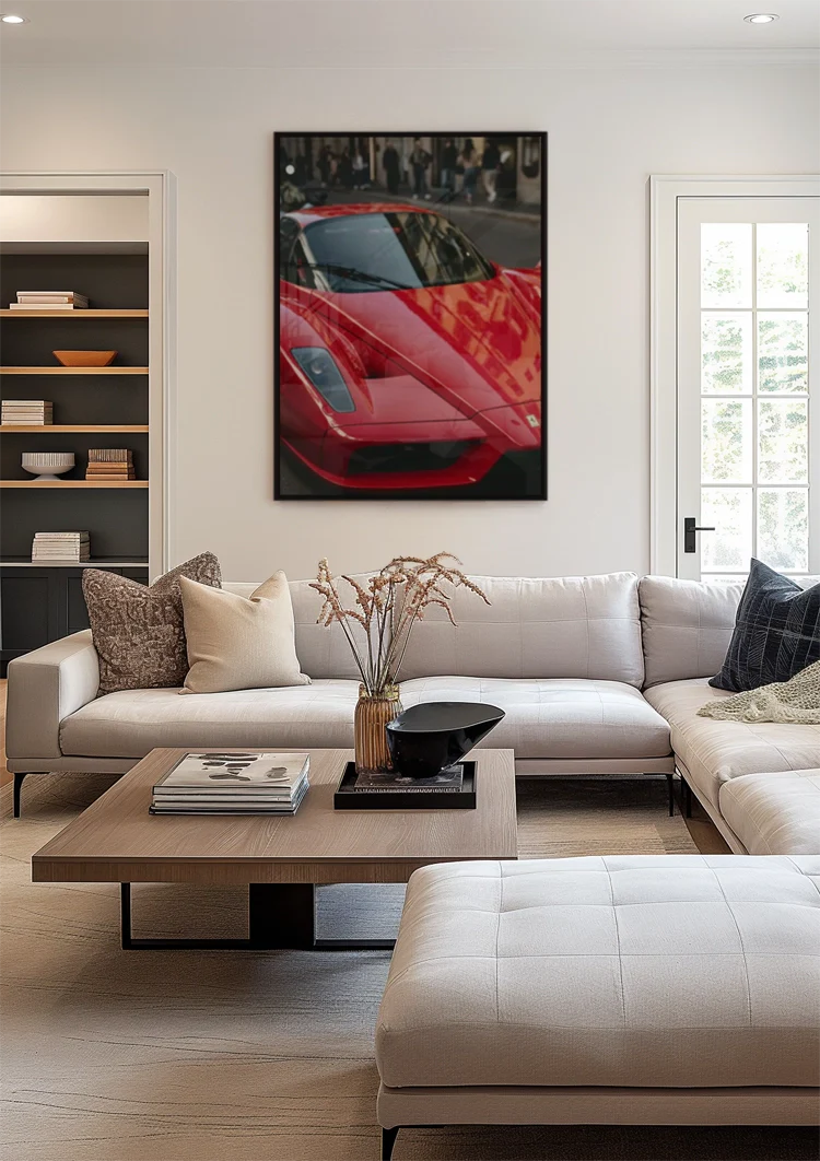 Roter Ferrari Enzo Nahaufnahme Stadtstraße Supersportwagen Gemälde