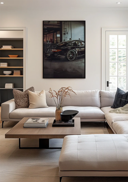 Schwarzer Porsche GT3 Industrielle Garage Dunkle Atmosphäre Gemälde
