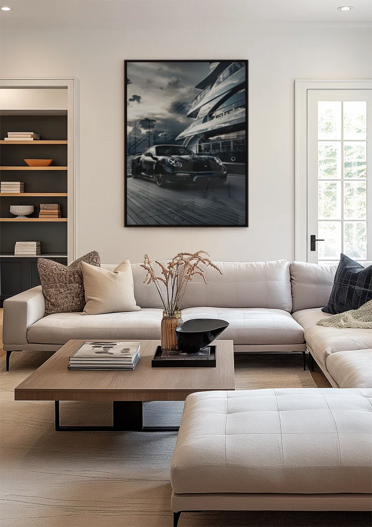 Black Porsche 911 at Yacht Luxury Harbor Dramatic Sky Painting